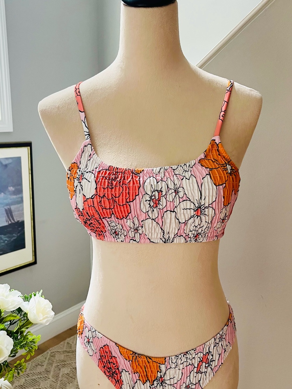 TRIANGL Bikini Set “INESA” Pop Retro Top/Bottom Floral Smocked Swimwear LARGE